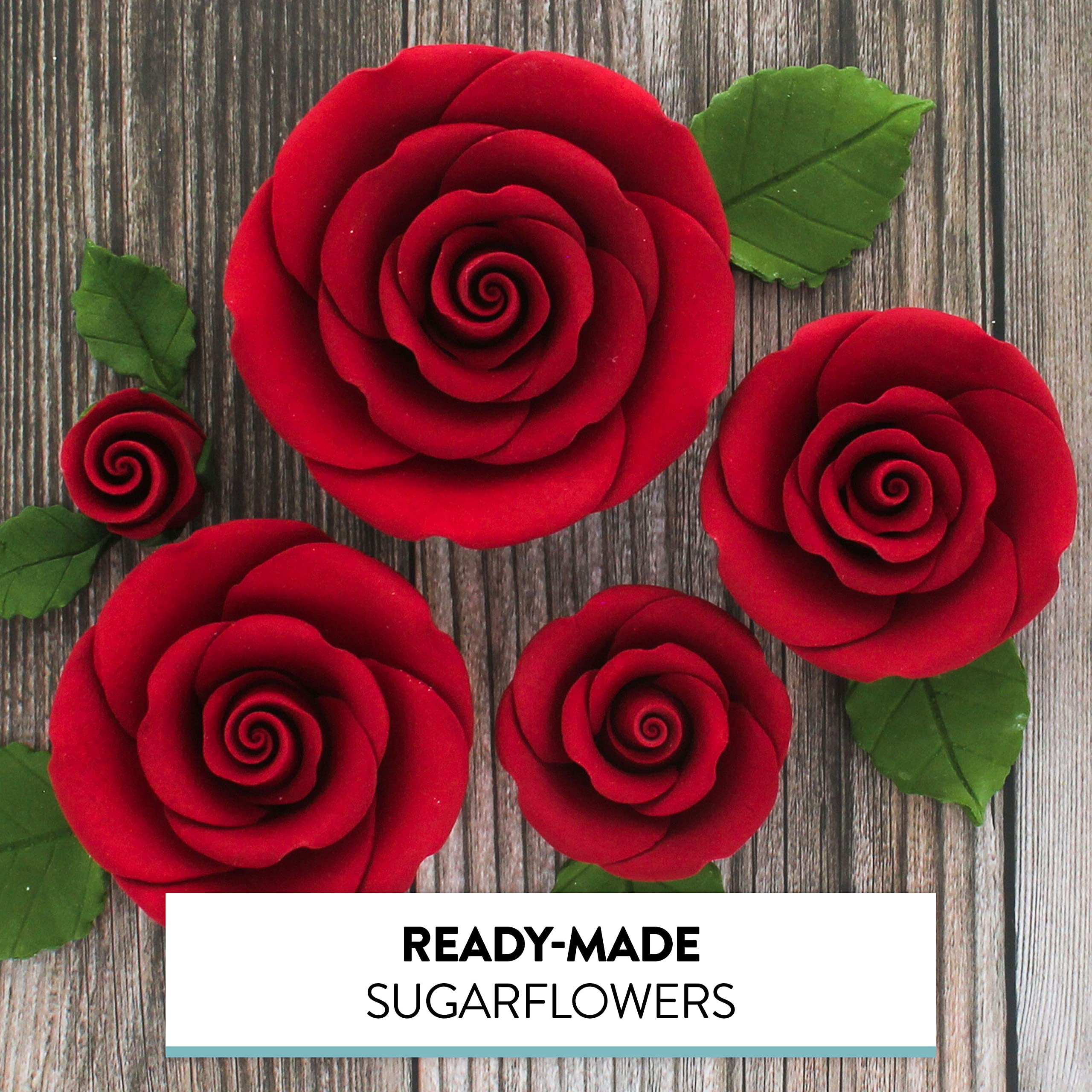 Exquisite Rose & Leaf Kit, Sugar Cake Flowers by Global Sugar Art, Red Roses with Leaves, 65-Piece Set
