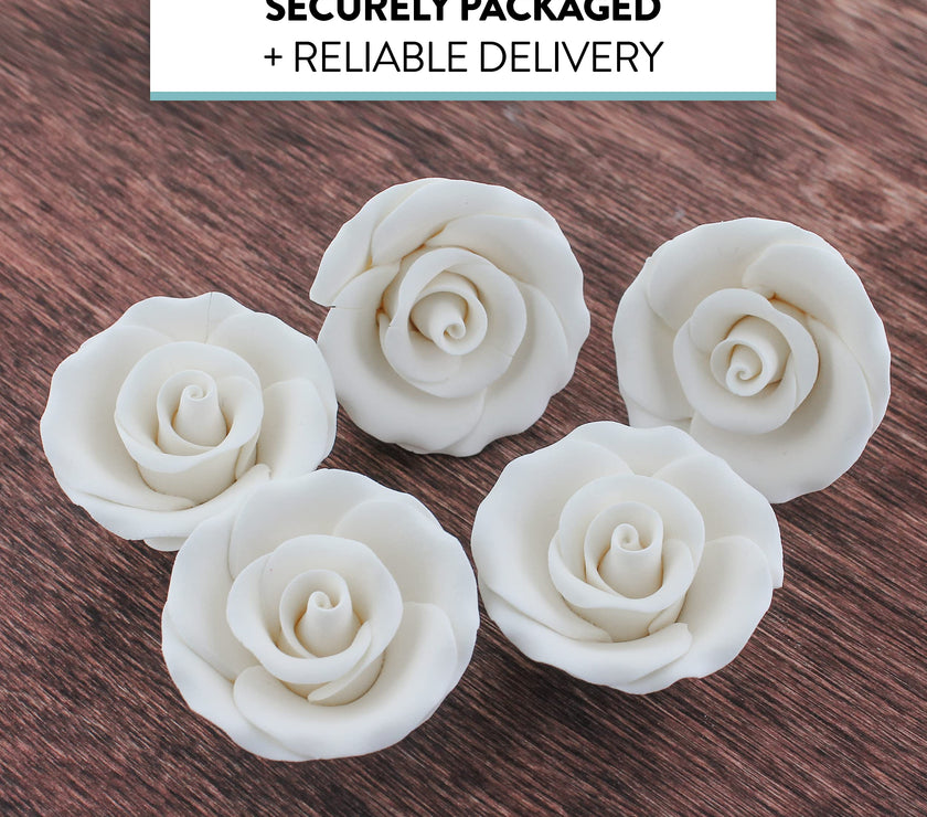 Deluxe White Roses for Cake Decorating, Premium Unwired Sugar Flowers by Global Sugar Art, White, Medium