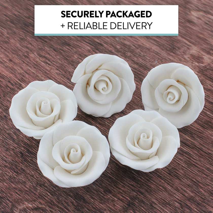 Deluxe White Roses for Cake Decorating, Premium Unwired Sugar Flowers by Global Sugar Art, White, Medium