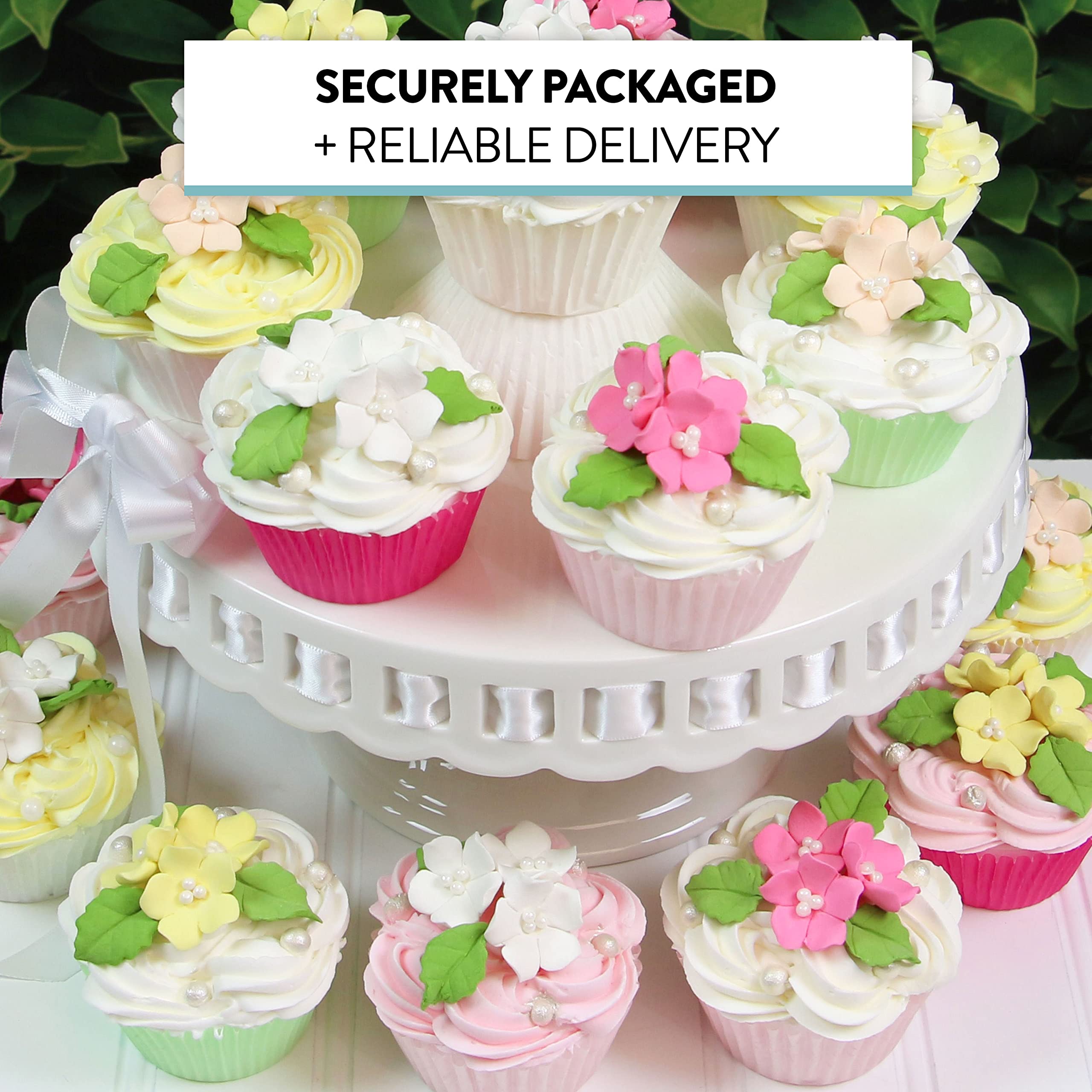 Flower Blossoms with Leaves, Edible Sugar Flowers for Cakes & Cupcakes, by Global Sugar Art, White