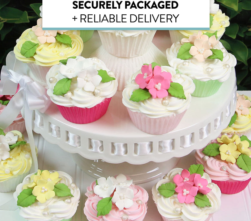 Flower Blossoms with Leaves, Edible Sugar Flowers for Cakes & Cupcakes, by Global Sugar Art, White