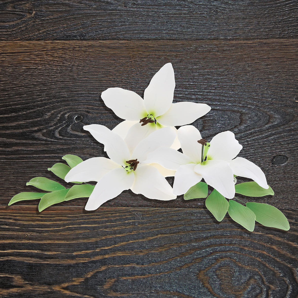 Easter Lily Sugar Flowers, Longiflorum Lilies with Leaf Sprays, by Global Sugar Art, White, 3 Count