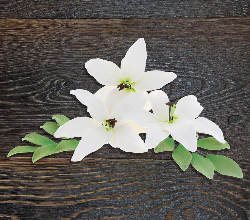 Easter Lily Sugar Flowers, Longiflorum Lilies with Leaf Sprays, by Global Sugar Art, White, 3 Count