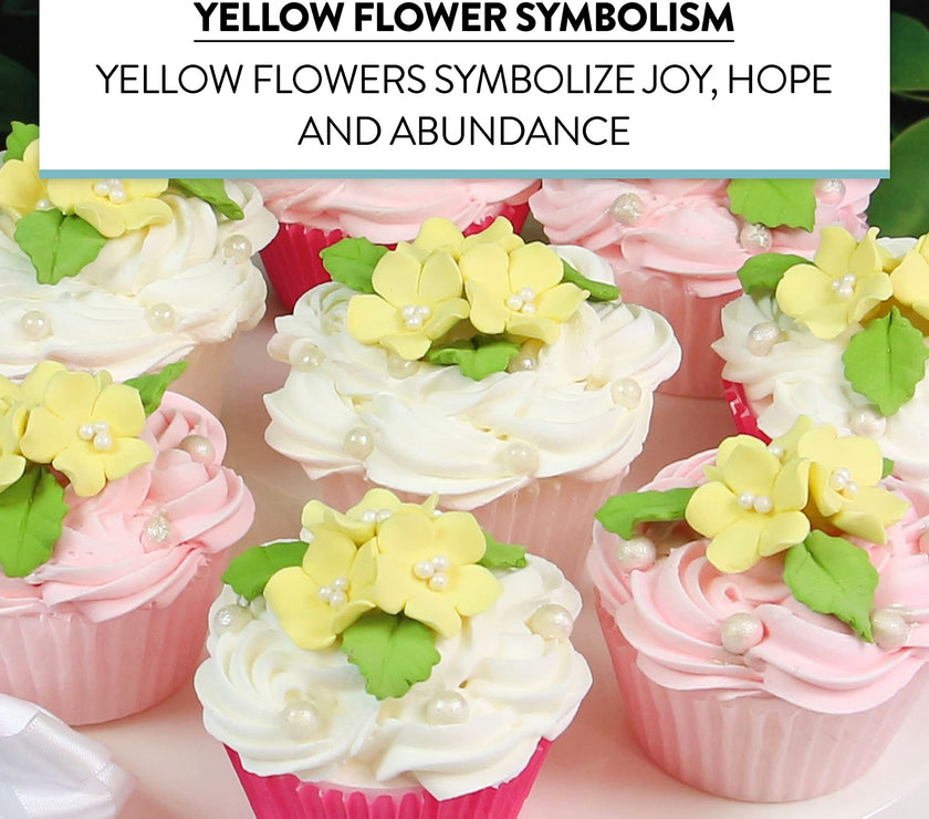 Flower Blossoms with Leaves, Edible Sugar Flowers for Cakes & Cupcakes, by Global Sugar Art, Yellow