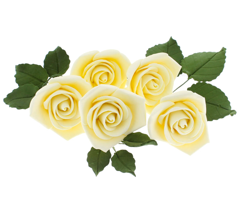 Peace Rose Sugar Flowers with Leaves, Cake Decorating Kit, by Global Sugar Art, Medium, Yellow