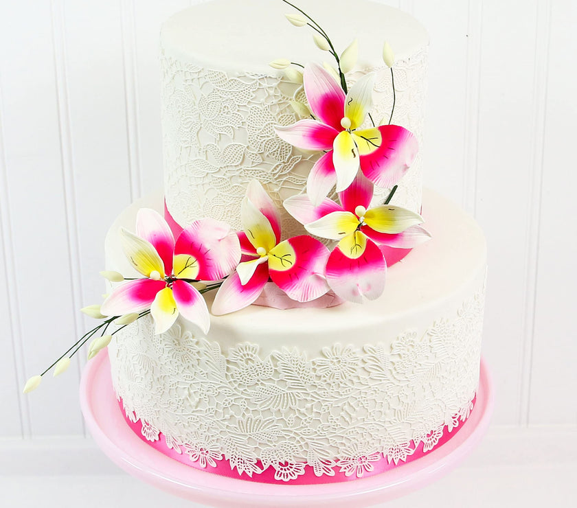 Orchid Sugar Cake Flower Sprays, Deep Pink and Yellow Double Orchid Spray, by Global Sugar Art