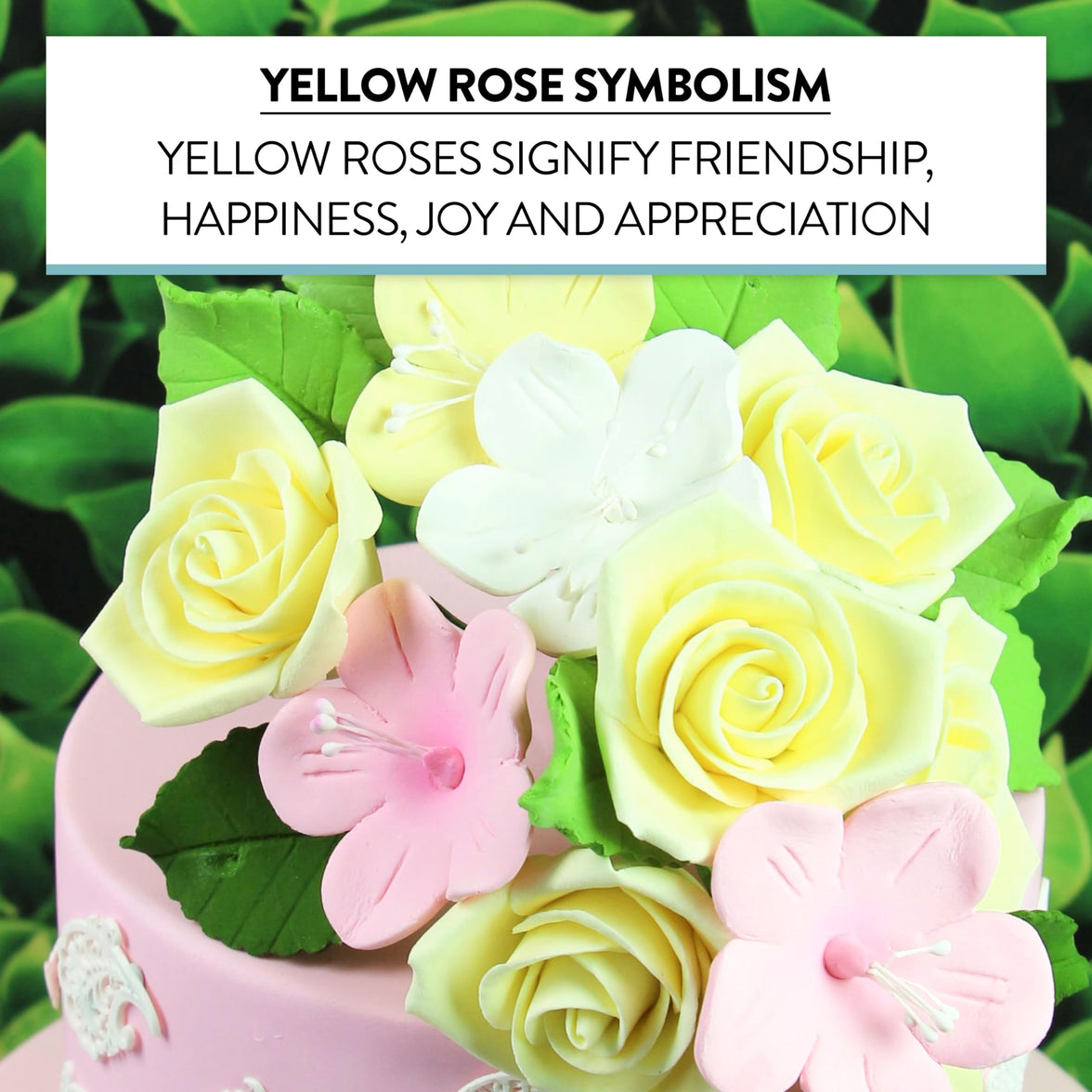 Peace Rose Sugar Flowers with Leaves, Cake Decorating Kit, by Global Sugar Art, Medium, Yellow