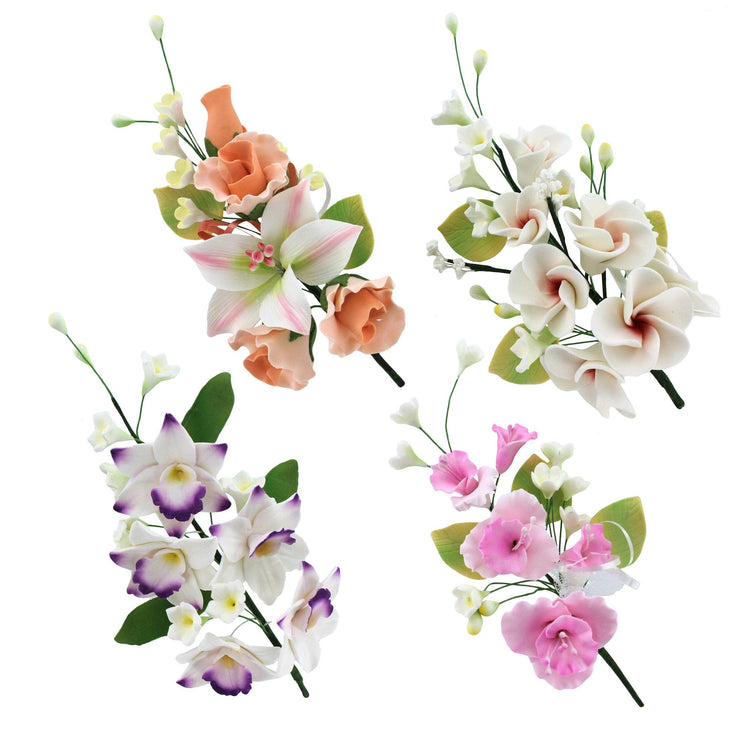 Assorted Sugar Cake Flower Sprays, Large Orchid & Rose Assortment, by Global Sugar Art, 4 Count