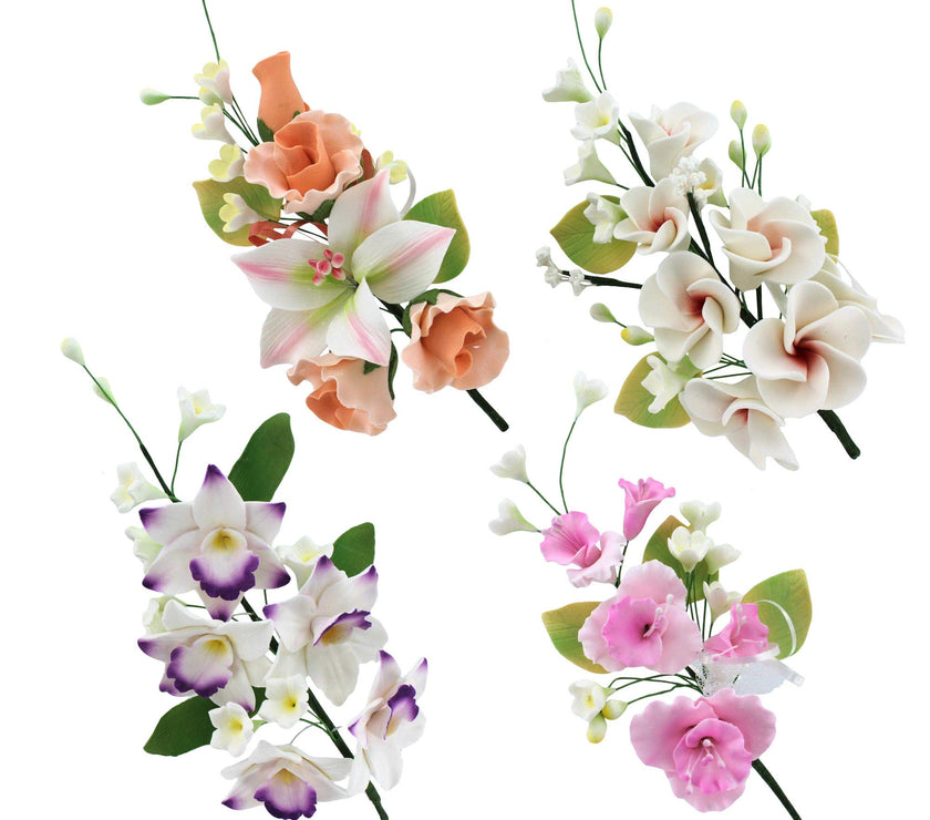Assorted Sugar Cake Flower Sprays, Large Orchid & Rose Assortment, by Global Sugar Art, 4 Count