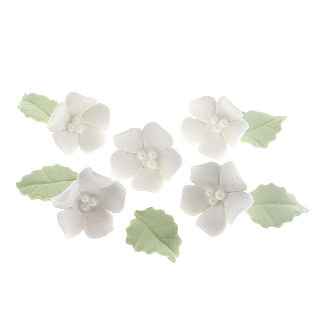 Flower Blossoms with Leaves, Edible Sugar Flowers for Cakes & Cupcakes, by Global Sugar Art, White