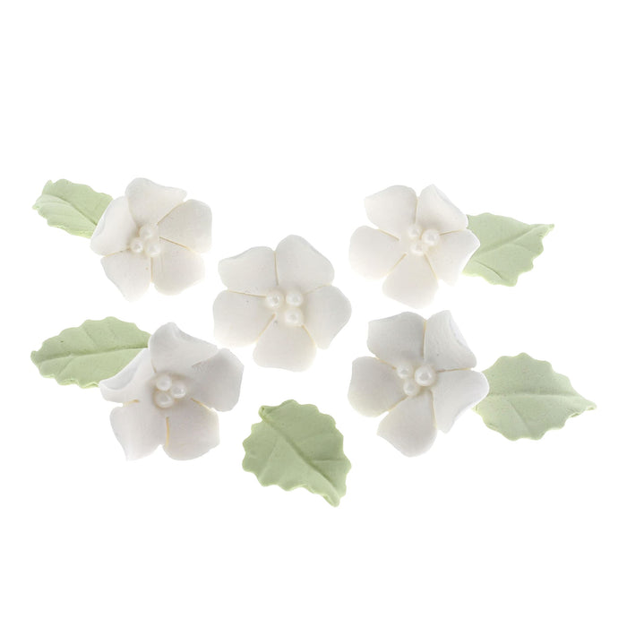 Flower Blossoms with Leaves, Edible Sugar Flowers for Cakes & Cupcakes, by Global Sugar Art, White