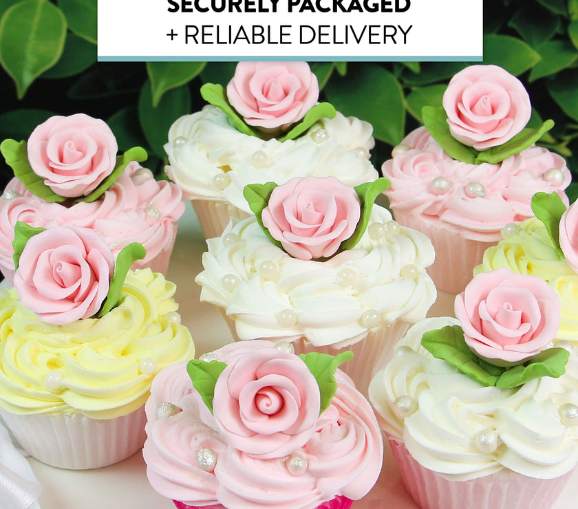 Premium Edible Roses with Leaves, Edible Sugar Cake & Cupcake Flower Kit, by Global Sugar Art, Pink