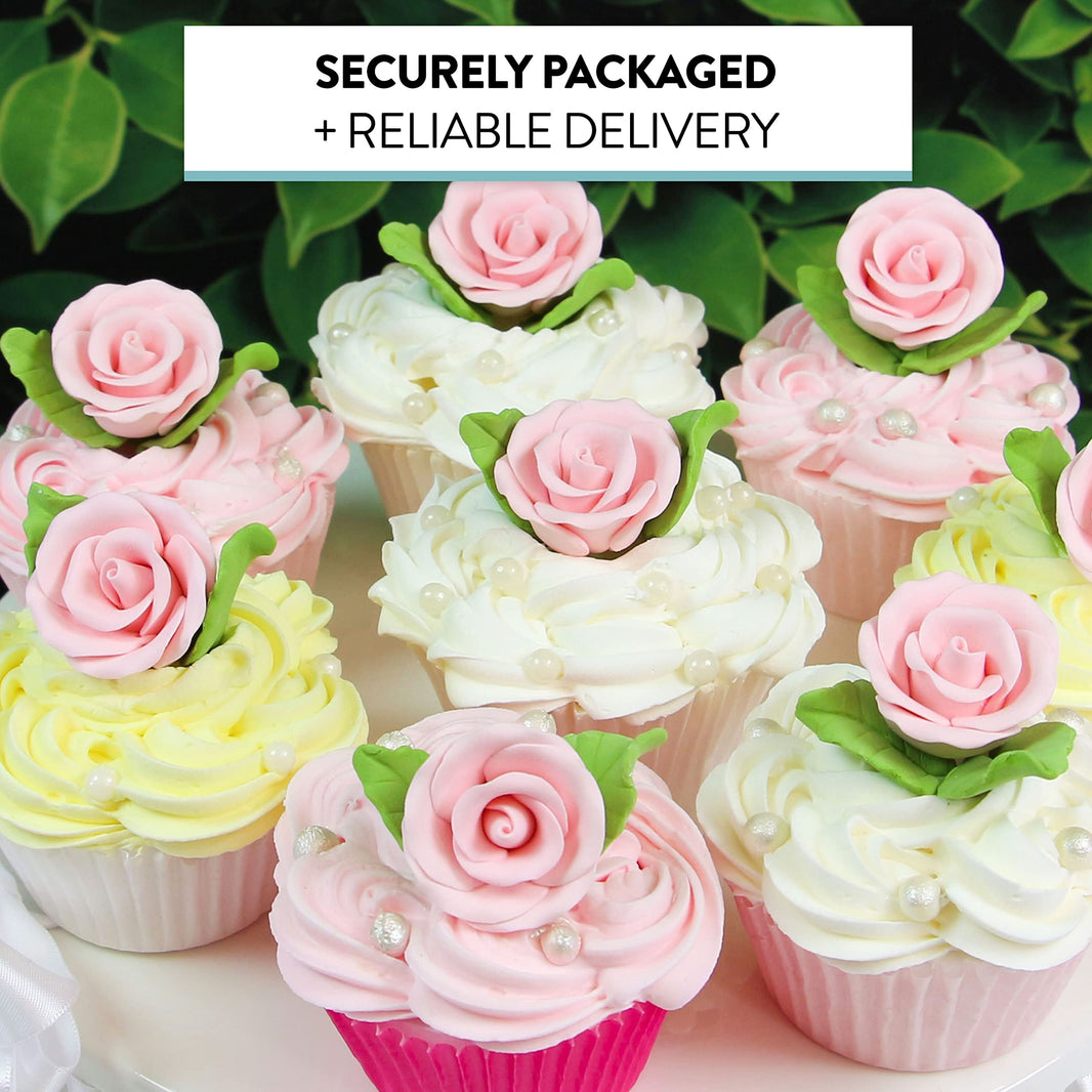 Premium Edible Roses with Leaves, Edible Sugar Cake & Cupcake Flower Kit, by Global Sugar Art, Pink