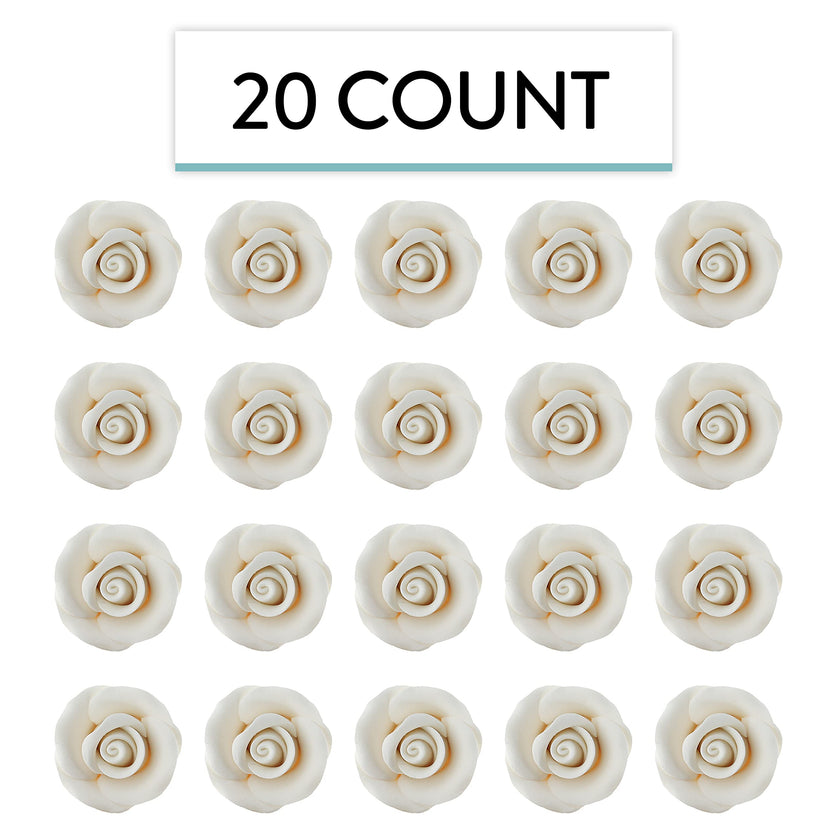 Deluxe White Roses for Cake Decorating, Premium Unwired Sugar Flowers by Global Sugar Art, White, Small