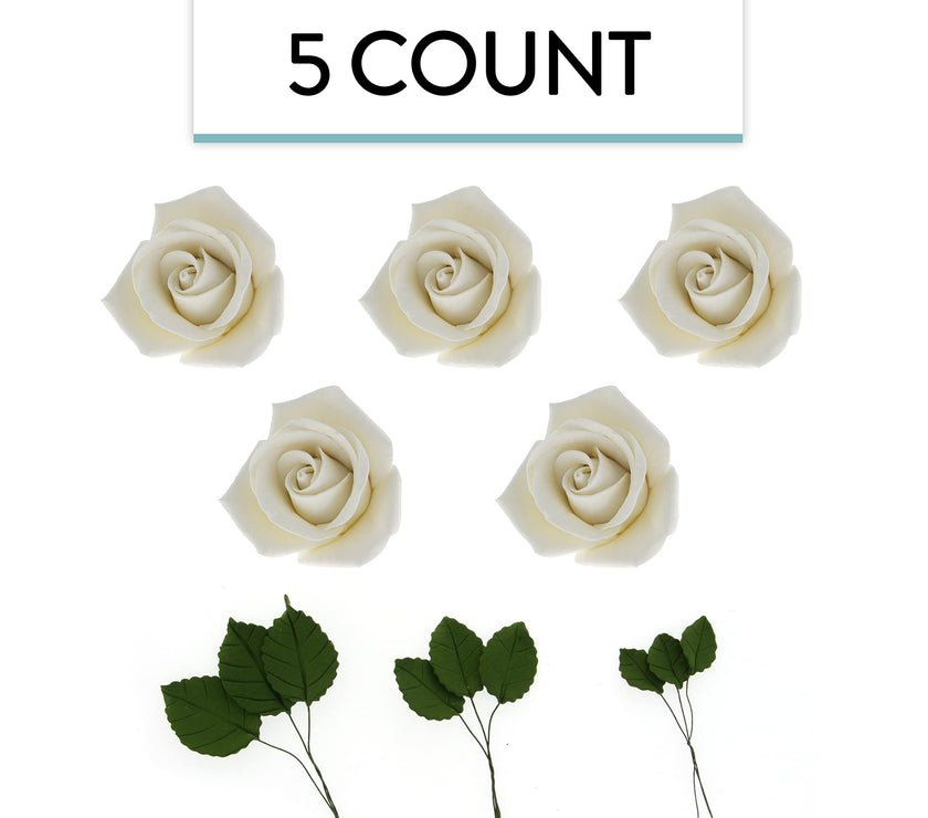 Peace Rose Sugar Flowers with Leaves, Cake Decorating Kit, by Global Sugar Art, Medium, White