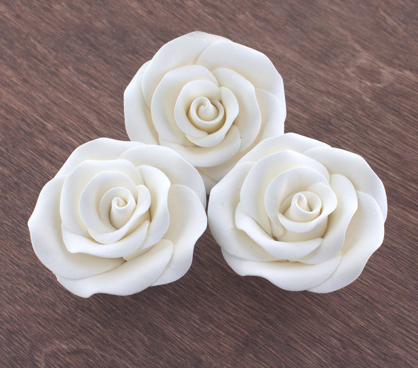 Deluxe White Roses for Cake Decorating, Premium Unwired Sugar Flowers by Global Sugar Art, White, Large