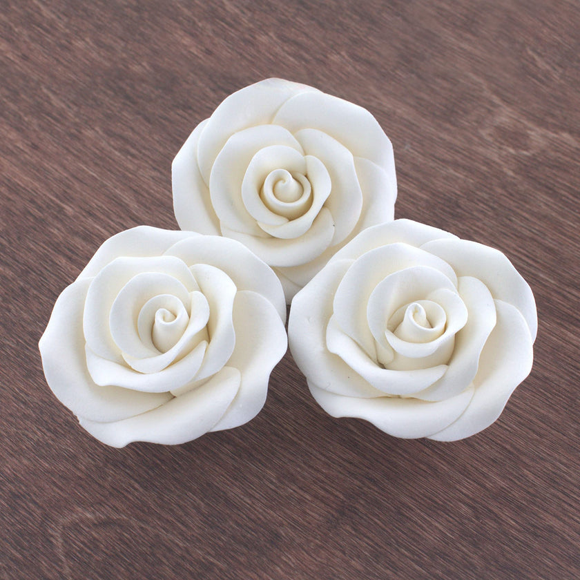 Deluxe White Roses for Cake Decorating, Premium Unwired Sugar Flowers by Global Sugar Art, White, Large