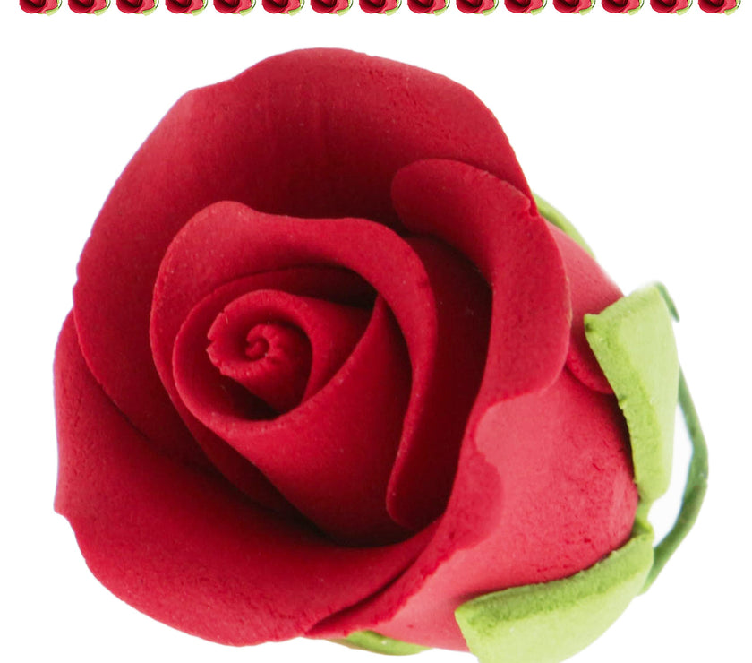 Classic Tea Rose Sugar Cake Flowers, by Global Sugar Art, Wired, Red with Green Calyx, Small