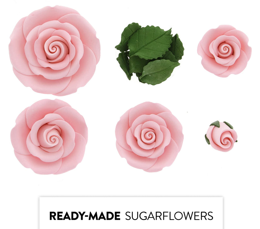 Exquisite Rose & Leaf Kit, Sugar Cake Flowers by Global Sugar Art, Pink Roses with Leaves, 15-Piece Set