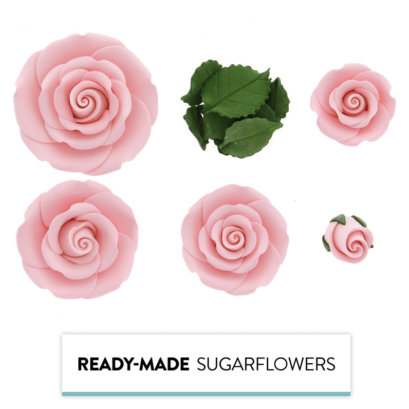 Exquisite Rose & Leaf Kit, Sugar Cake Flowers by Global Sugar Art, Pink Roses with Leaves, 15-Piece Set