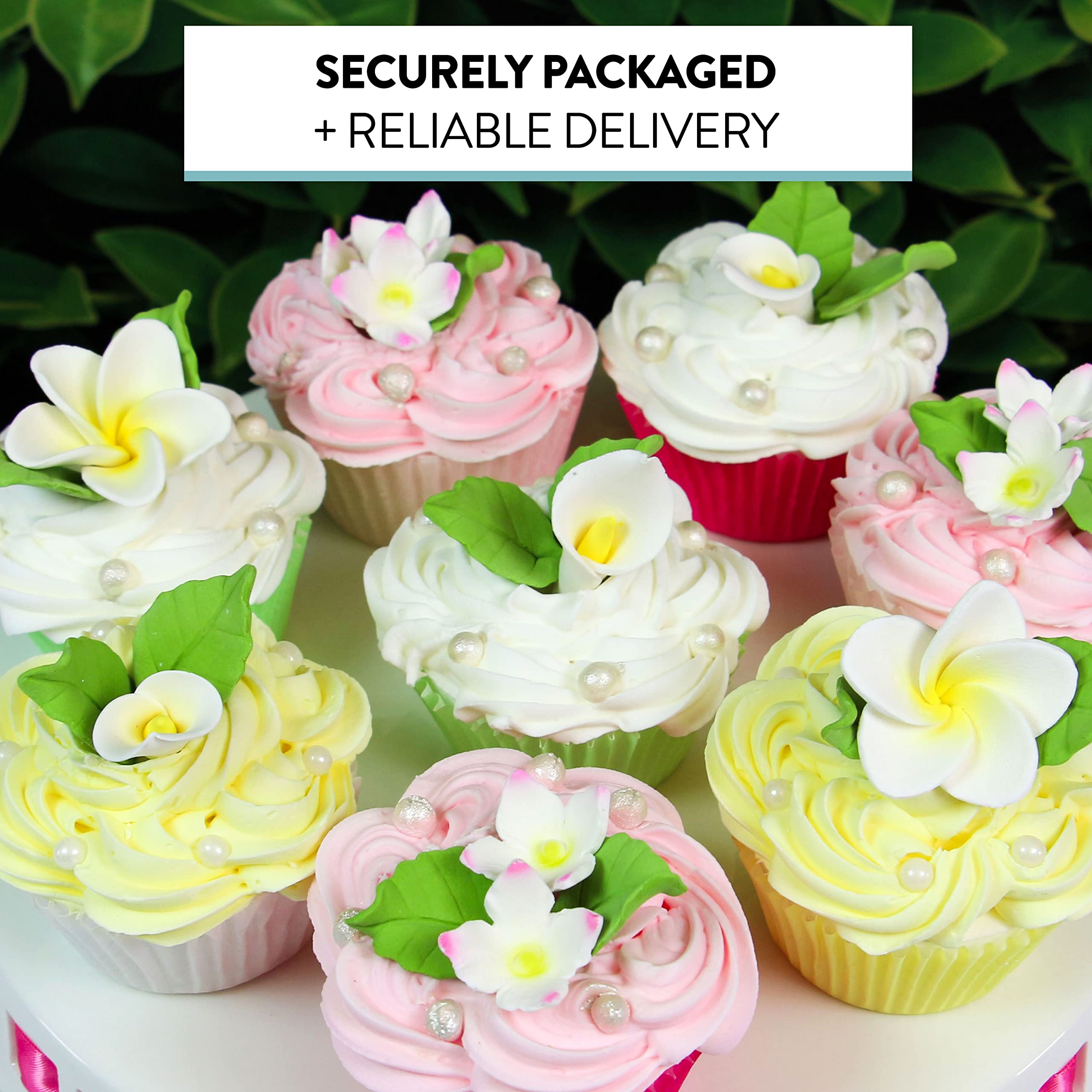 Tropical Flower Kit with Leaves, Gum Paste Frangipani Plumeria Cake Flowers, 36 Count Set, by Global Sugar Art