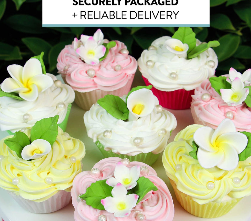 Tropical Flower Kit with Leaves, Gum Paste Frangipani Plumeria Cake Flowers, 36 Count Set, by Global Sugar Art