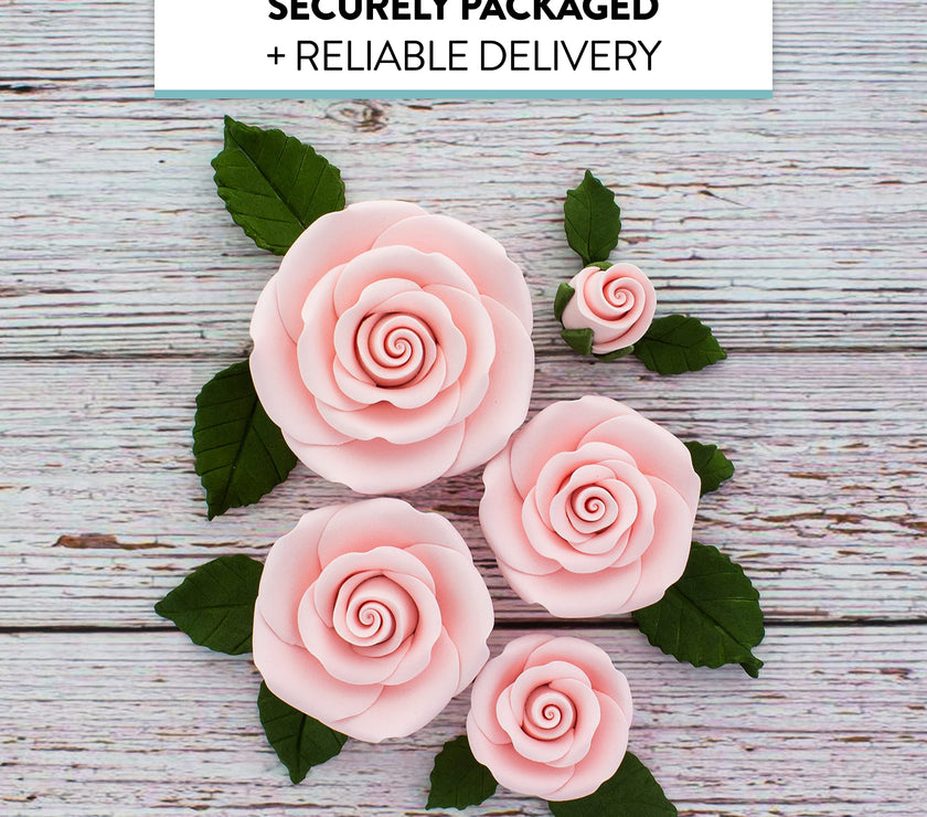 Exquisite Rose & Leaf Kit, Sugar Cake Flowers by Global Sugar Art, Pink Roses with Leaves, 15-Piece Set