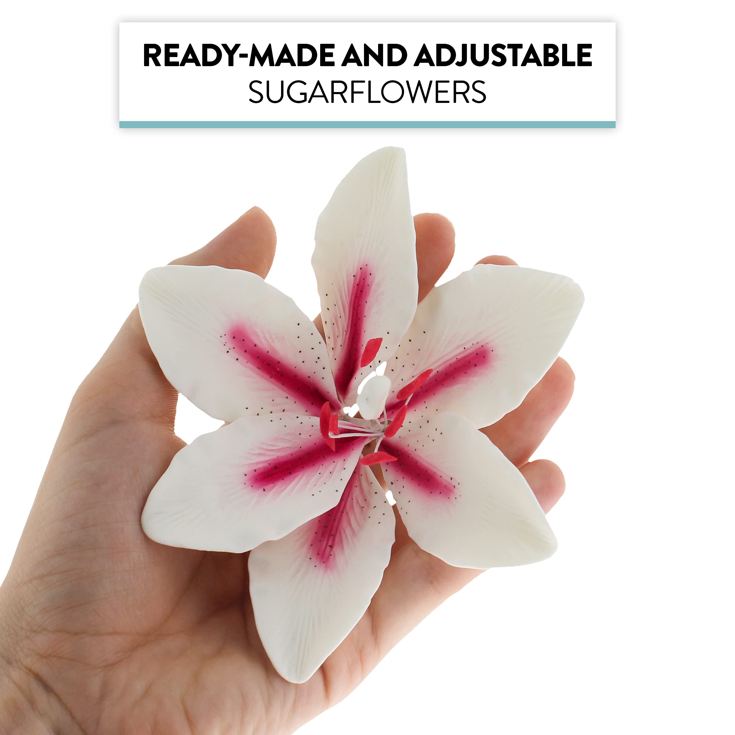 Stargazer Lily Cake Topper, Sugar Flower Lilies by Global Sugar Art, Pink and White, Extra Large, 3 Count