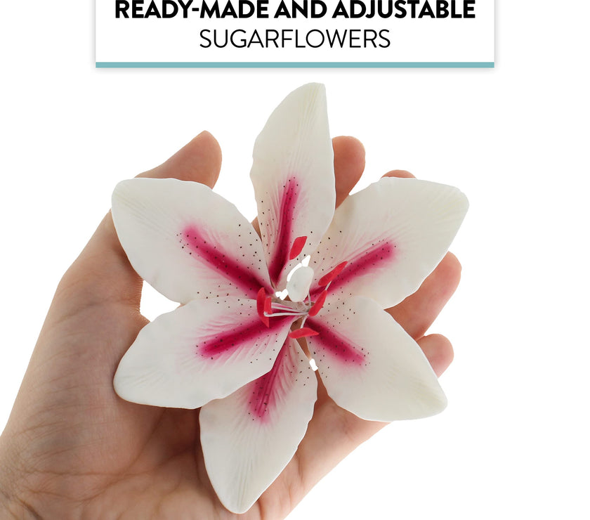 Stargazer Lily Cake Topper, Sugar Flower Lilies by Global Sugar Art, Pink and White, Extra Large, 3 Count