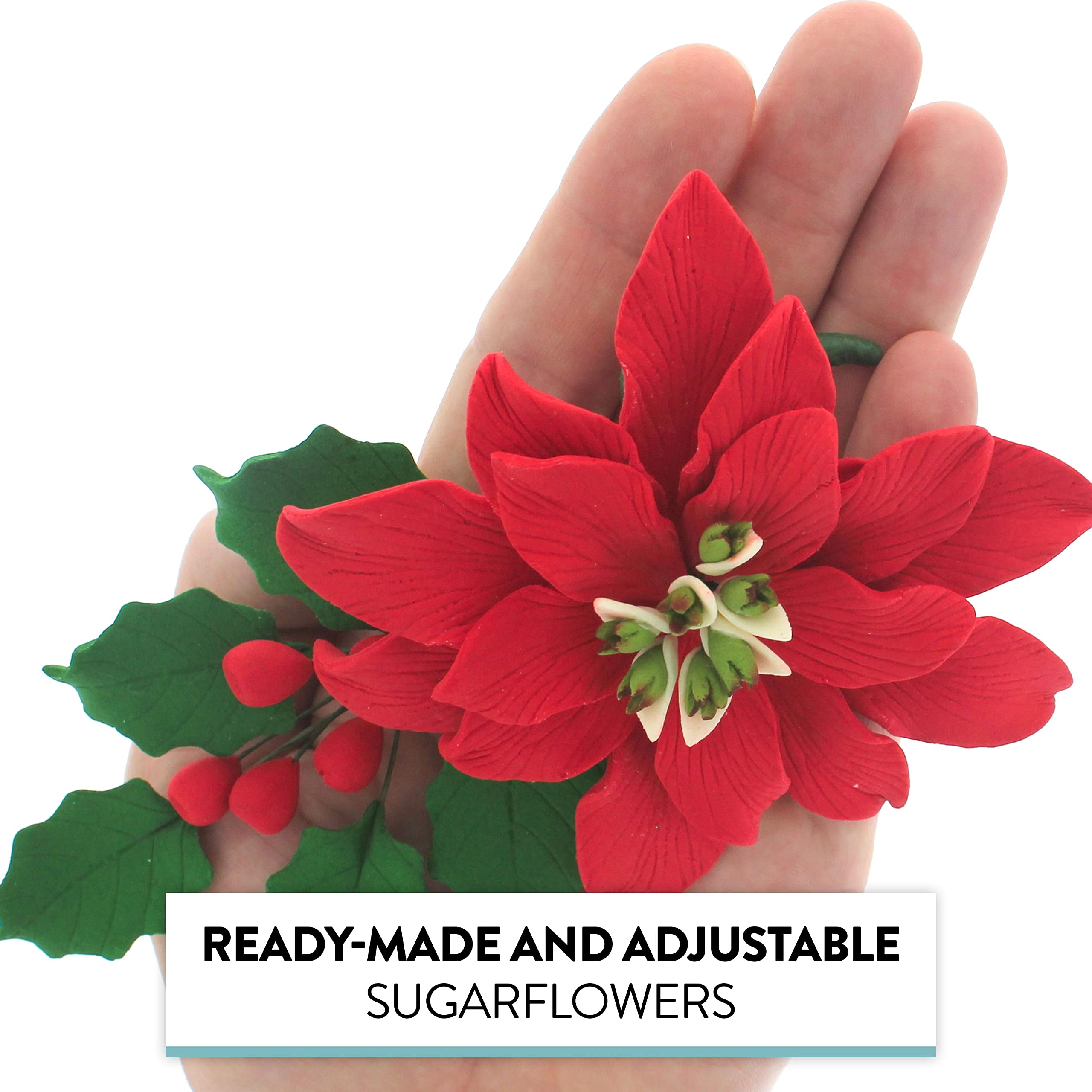 Poinsettia Sugar Flower & Holly Leaf Spray Kit for Cakes, by Global Sugar Art, Large with Berries
