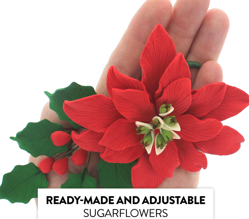 Poinsettia Sugar Flower & Holly Leaf Spray Kit for Cakes, by Global Sugar Art, Large with Berries