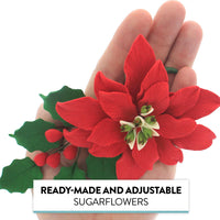 Poinsettia Sugar Flower & Holly Leaf Spray Kit for Cakes, by Global Sugar Art, Large with Berries