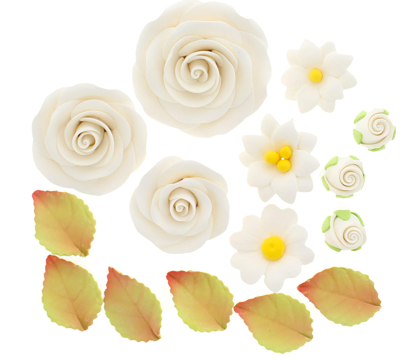 Rose and Blossom Set, Sugar Flowers for Cakes, by Global Sugar Art, White Roses and Blossoms
