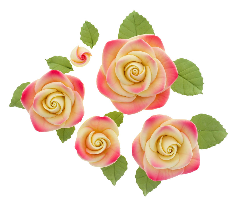 Exquisite Rose & Leaf Kit, Sugar Cake Flowers by Global Sugar Art, Yellow and Pink Roses with Leaves, 15-Piece Set