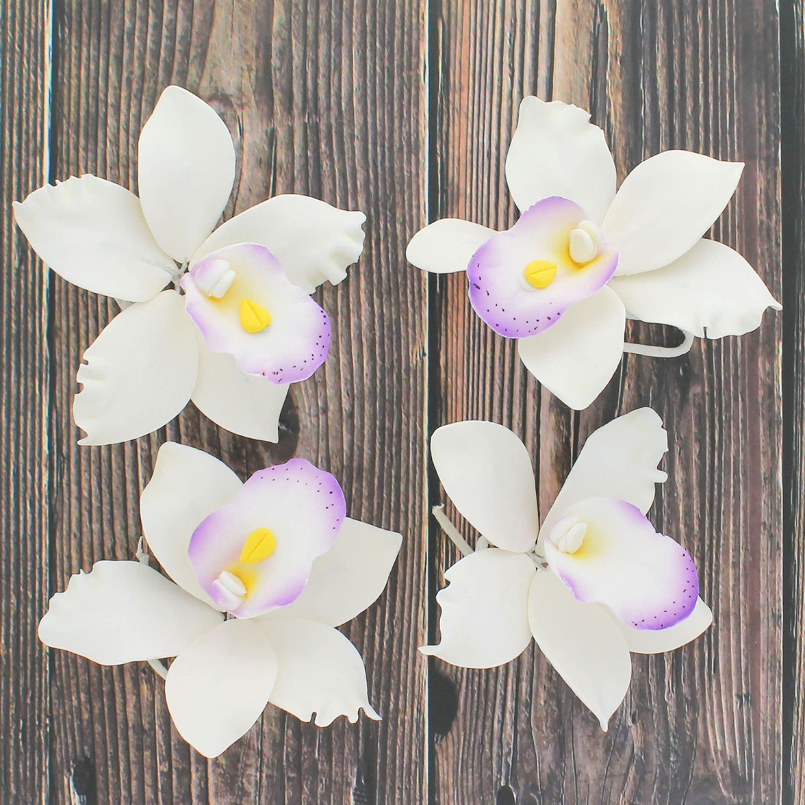 Orchid Sugar Cake Flowers, Pearly Orchids, by Global Sugar Art, Large, White with Purple, 4 Count