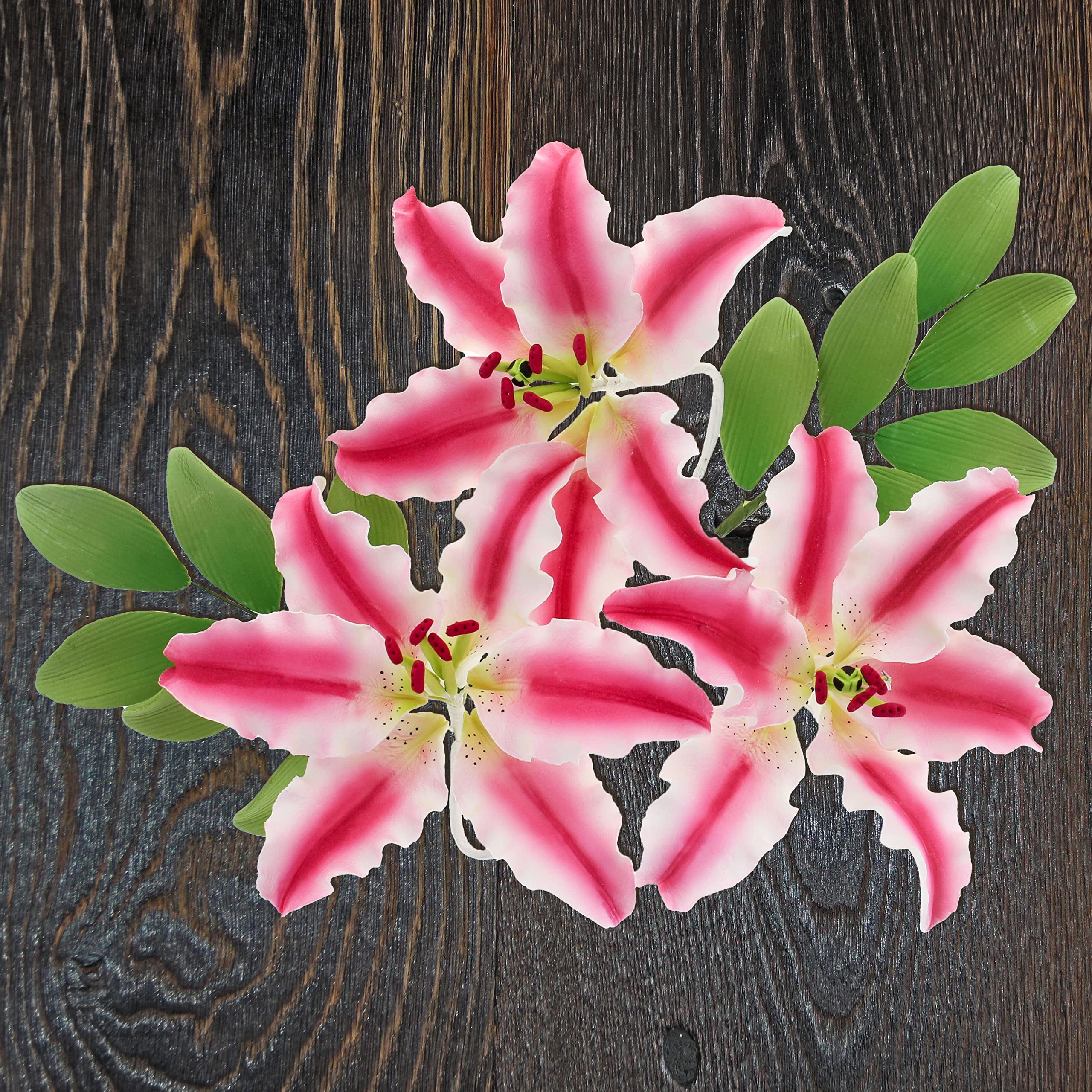 Stargazer Lily Sugar Flowers with Leaf Sprays by Global Sugar Art, Pink and White, 3 Count