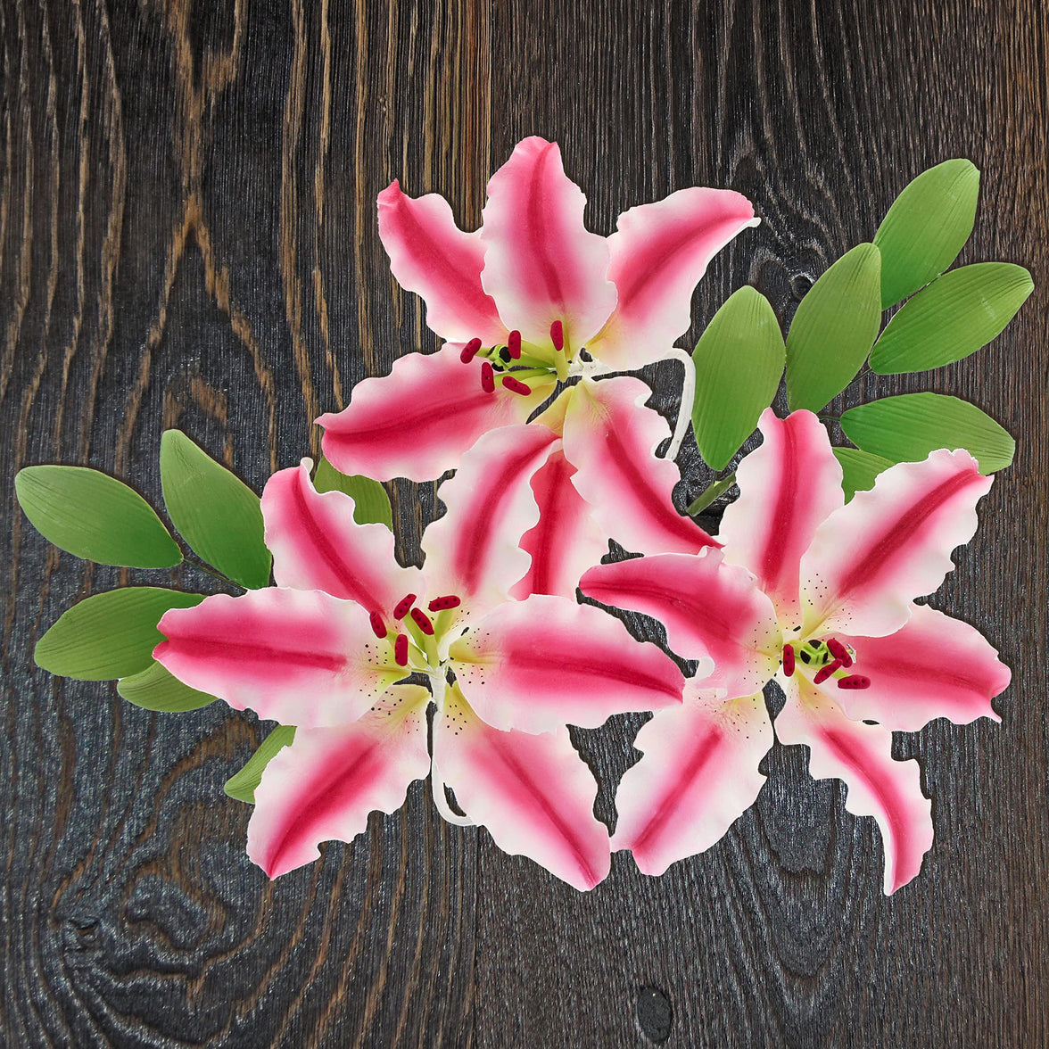 Stargazer Lily Sugar Flowers with Leaf Sprays by Global Sugar Art, Pink and White, 3 Count