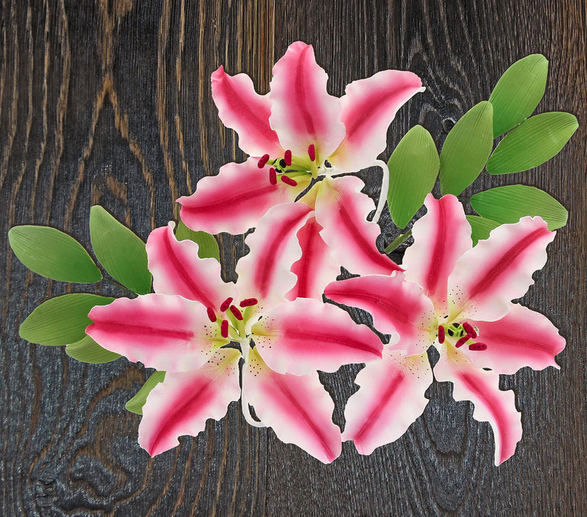 Stargazer Lily Sugar Flowers with Leaf Sprays by Global Sugar Art, Pink and White, 3 Count