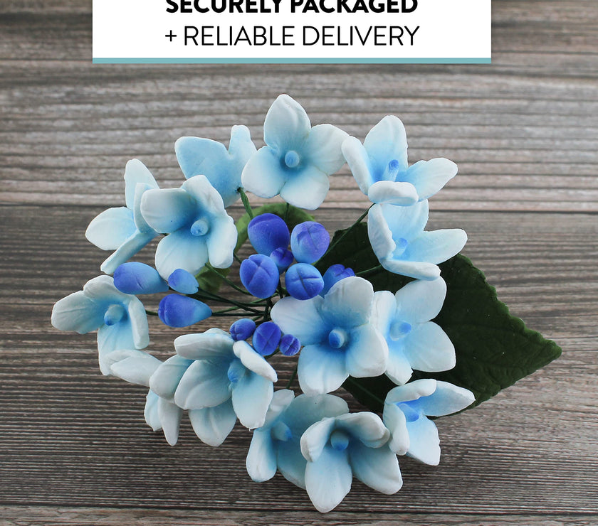 Hydrangea Blossoms Sprays, Sugar Cake Flowers by Global Sugar Art, 4 Count, Blue