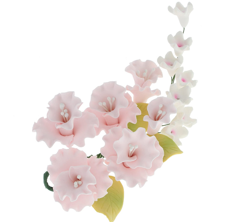 Flower Blossom Spray, Gum Paste Sugar Flowers for Cake Decorating, White Cherry Blossoms with Leaves