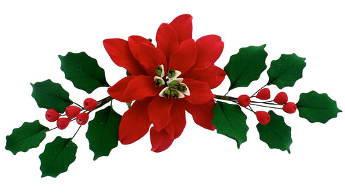 Poinsettia Sugar Flower & Holly Leaf Spray Kit for Cakes, by Global Sugar Art, Large with Berries