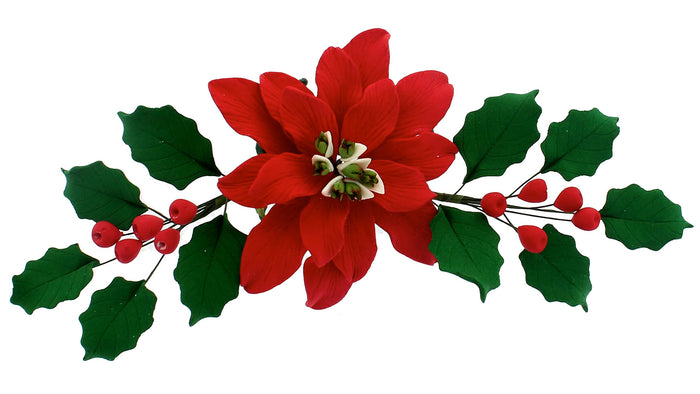 Poinsettia Sugar Flower & Holly Leaf Spray Kit for Cakes, by Global Sugar Art, Large with Berries