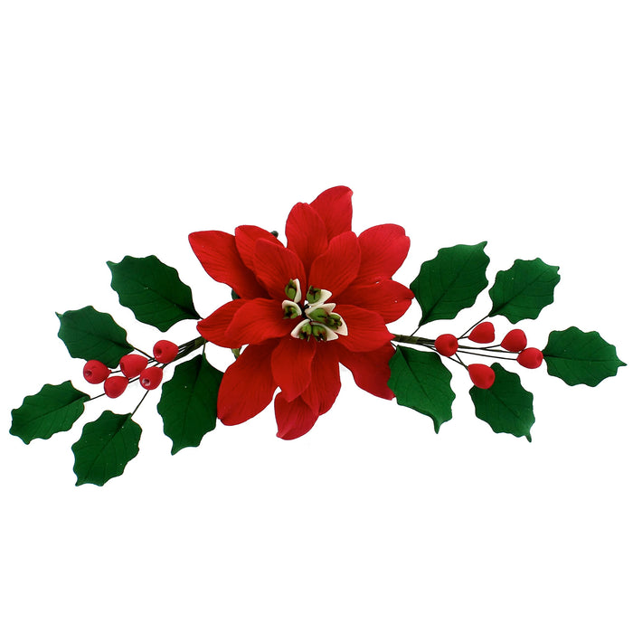 Poinsettia Sugar Flower & Holly Leaf Spray Kit for Cakes, by Global Sugar Art, Large with Berries