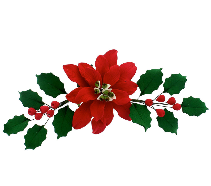Poinsettia Sugar Flower & Holly Leaf Spray Kit for Cakes, by Global Sugar Art, Large with Berries