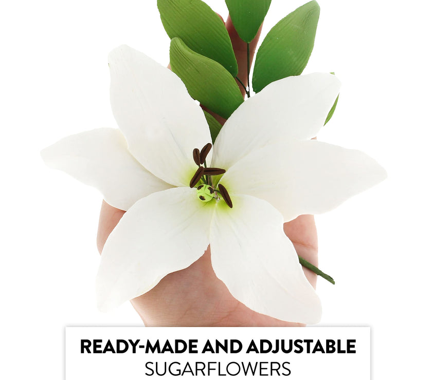 Easter Lily Sugar Flowers, Longiflorum Lilies with Leaf Sprays, by Global Sugar Art, White, 3 Count