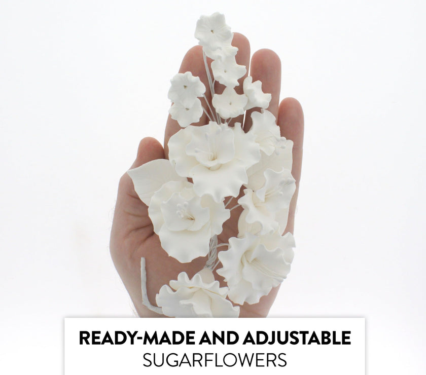 Flower Blossom Spray, Gum Paste Sugar Flowers for Cake Decorating, White Cherry Blossoms with Leaves