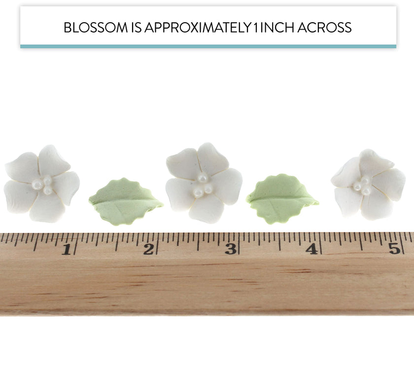 Flower Blossoms with Leaves, Edible Sugar Flowers for Cakes & Cupcakes, by Global Sugar Art, White