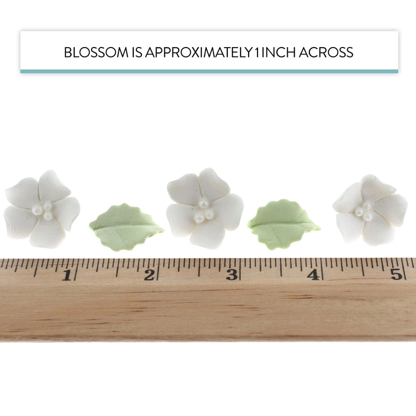 Flower Blossoms with Leaves, Edible Sugar Flowers for Cakes & Cupcakes, by Global Sugar Art, White