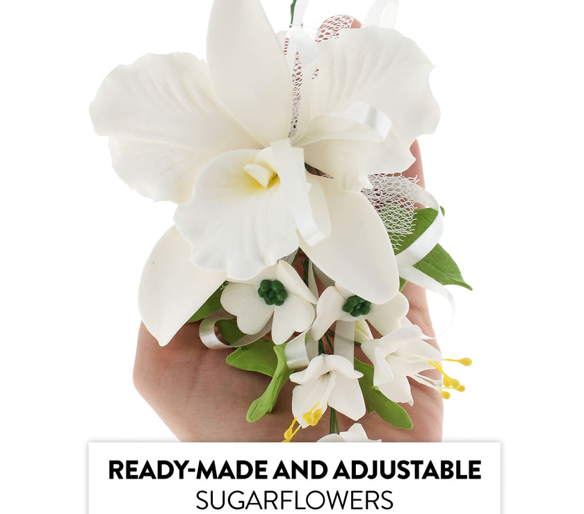 Orchid Sugar Cake Flower Sprays, White Cattleya Orchid Spray, by Global Sugar Art