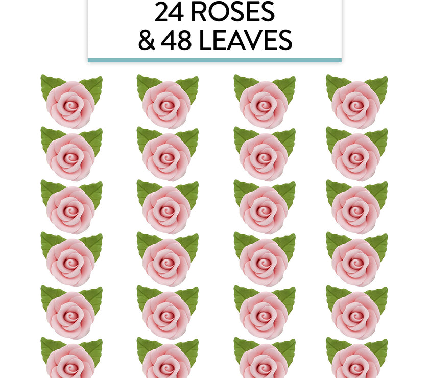 Premium Edible Roses with Leaves, Edible Sugar Cake & Cupcake Flower Kit, by Global Sugar Art, Pink